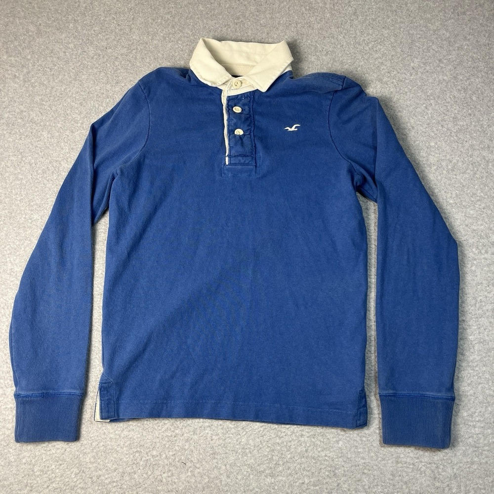Vintage Hollister Rugby Shirt Mens Small Blue Collared Surf Preppy Logo Y2K